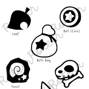 May include: Black and white illustrations of various Animal Crossing symbols and items, including a leaf, a bell, a bag of bells, a fossil, a skull and bones, and a musical note.