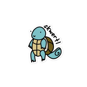 Puede incluir: Una tortuga de dibujos animados azul y marrón con un caparazón en la espalda. La tortuga camina y tiene un globo de diálogo que dice "skwert!"