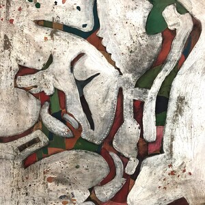 May include: Abstract painting with white paint on a textured background. The white paint is layered in a way that creates a series of shapes and forms. The background is a mix of brown, red, green, and blue.