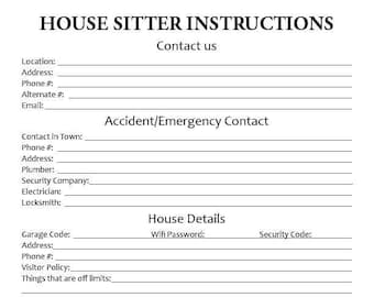 House Sitter Instructions Instant Digital Download