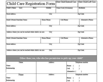 Child Care Registration Form Instant Digital Download