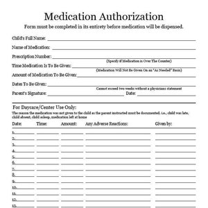 Medication Authorization Form Instant Digital Download