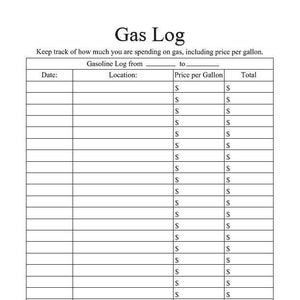 Può includere: Un registro di benzina stampabile per tenere traccia degli acquisti di benzina. Il registro include colonne per la data, la posizione, il prezzo al gallone e il costo totale.