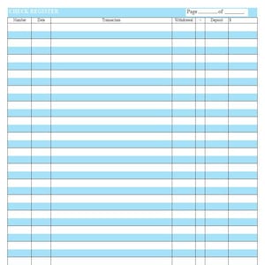 May include: A blank check register with columns for check number, date, transaction, withdrawal, and deposit. The register is on a light blue background.