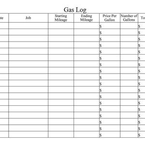 Gas Log in landscape includes date, job, starting mileage, ending mileage, price per gallon, number of gallons and total cost