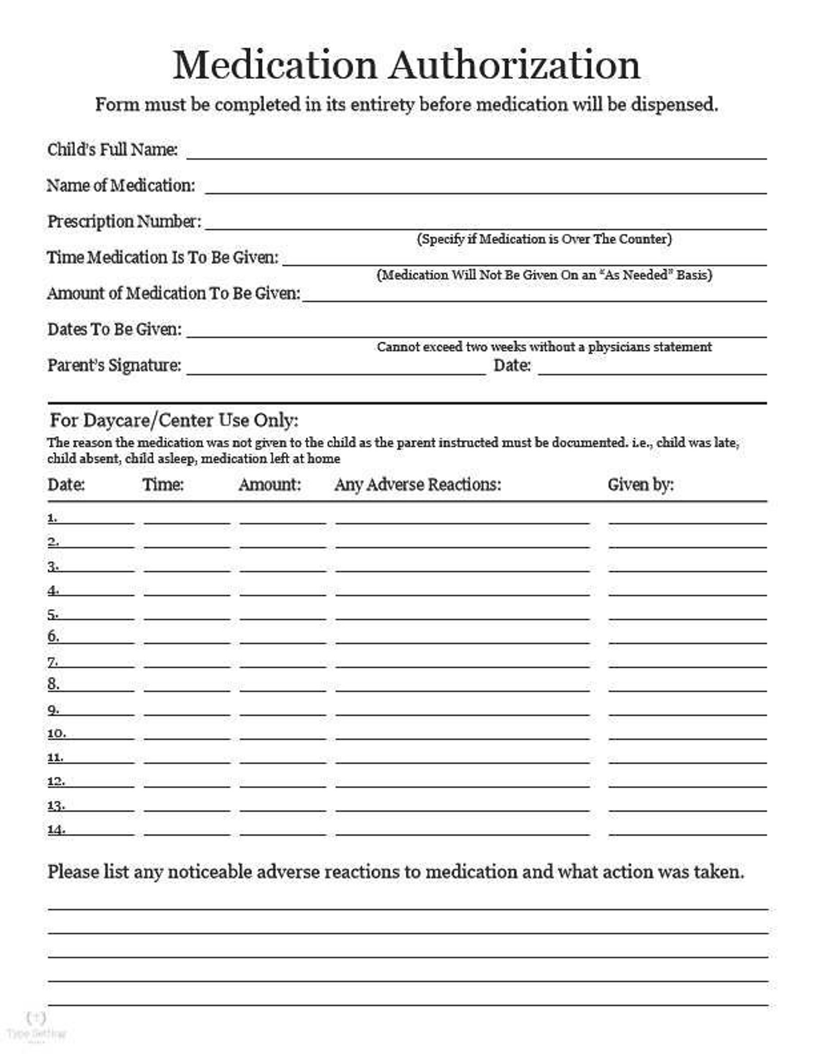 Medication Authorization Form Instant Digital Download Etsy