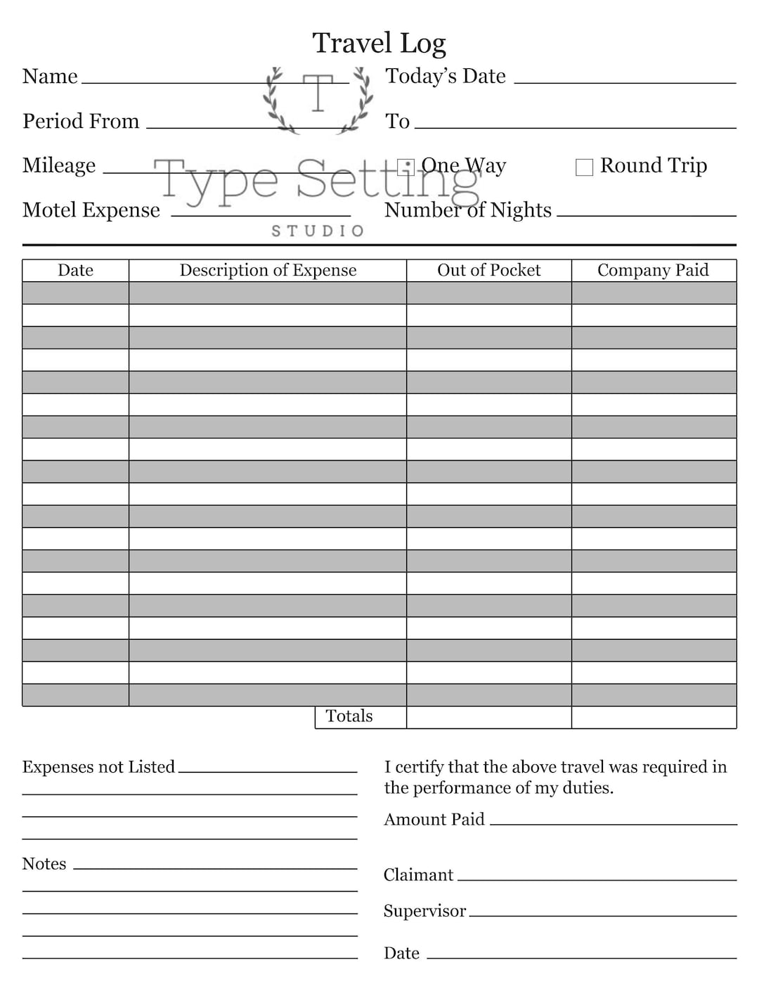 Travel Log, Travel Expense Log Instant Digital Download Etsy