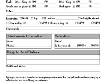 Dog Sitting Information 2, A sheet with more customer info at the bottom
