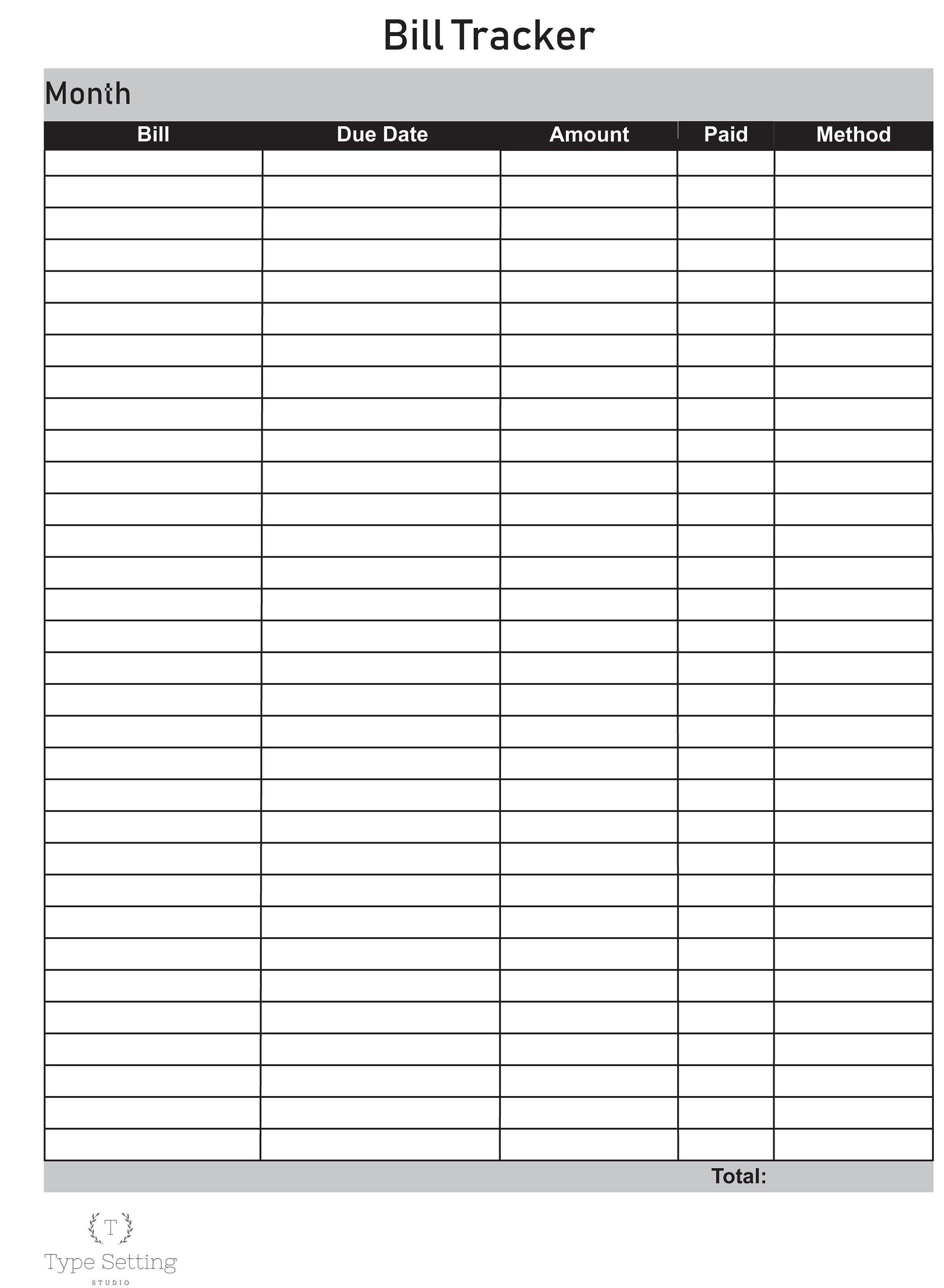 Digital Bill Tracker Instant Digital Download