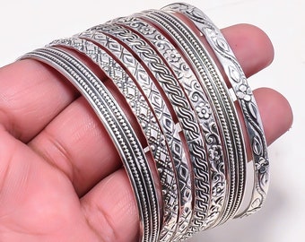 Massive 925 Sterling Silber Armreifen, 7 Stacking Armreif, Frauen Armreif, Set von 7 Designer Armreifen, Silberarmband, Set von 7 Tag Armreifen, Boho