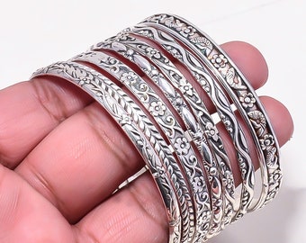 Massive 925 Sterling Silber Armreifen, Frauen Armreifen, Boho Armreif, 7 Set Armreifen, Blumen Armreif, Set Armreif, Stapel Armreif, Geschenk für sie