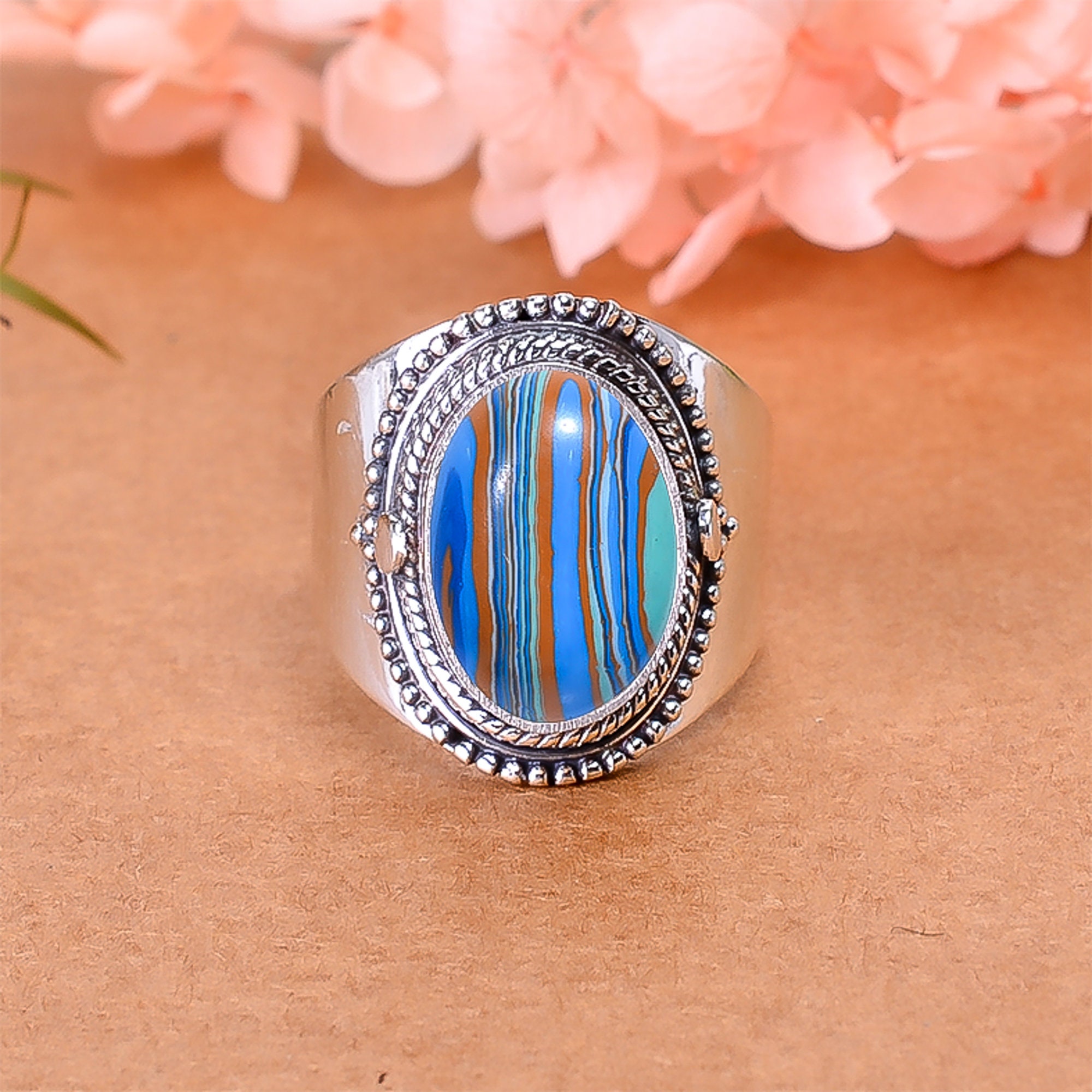 Blue Rainbow Calsilica Ring, Gemstone Ring, Oval Shape Ring, 925 Sterling Silver Ring, Women Ring, Handmade Ring, Gift For Adjustable Ring