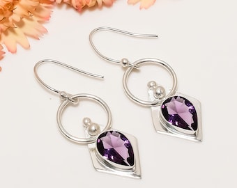 Purple Amethyst Gemstone 925 Sterling Silver Earring, Drop Dangle Earring, Handmade Earring, Women Earring, Silver Jewelry Earring