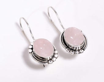 Brinco de prata esterlina 925 de quartzo rosa rosa, brinco de pedra preciosa, brinco pendente, brinco feito à mão, presente de casamento, presente de aniversário