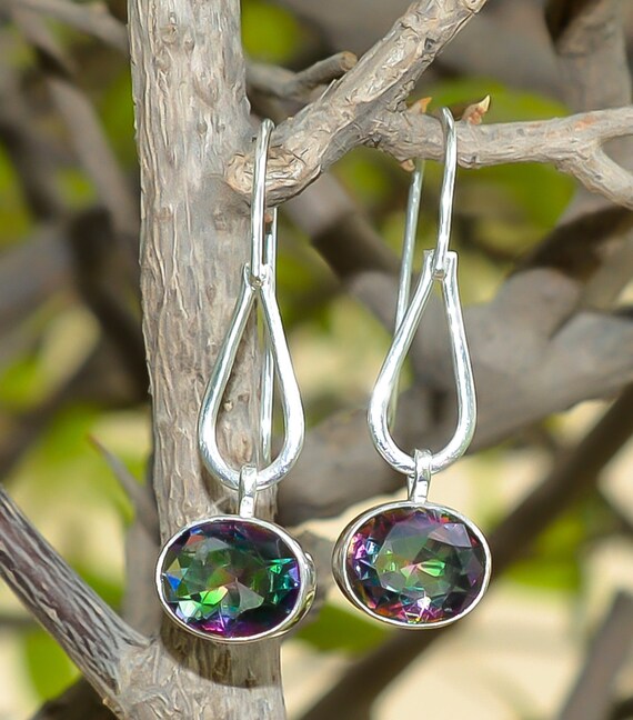 Rainbow Mystic Fire Topaz Gemstone Earring 925 Sterling Silver Oval Drop Dangle Handmade Jewelry Beautiful Wedding Birthday Gift For Her