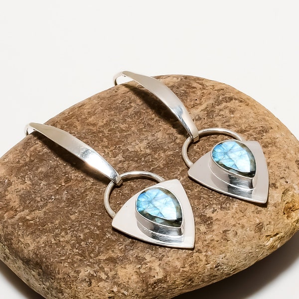 Labradorite Gemstone Earring, 925 Sterling Silver, Blue Pear Stone, Drop Dangle Handmade  Unique Jewelry,  Birthday  Wedding Gift For Friend