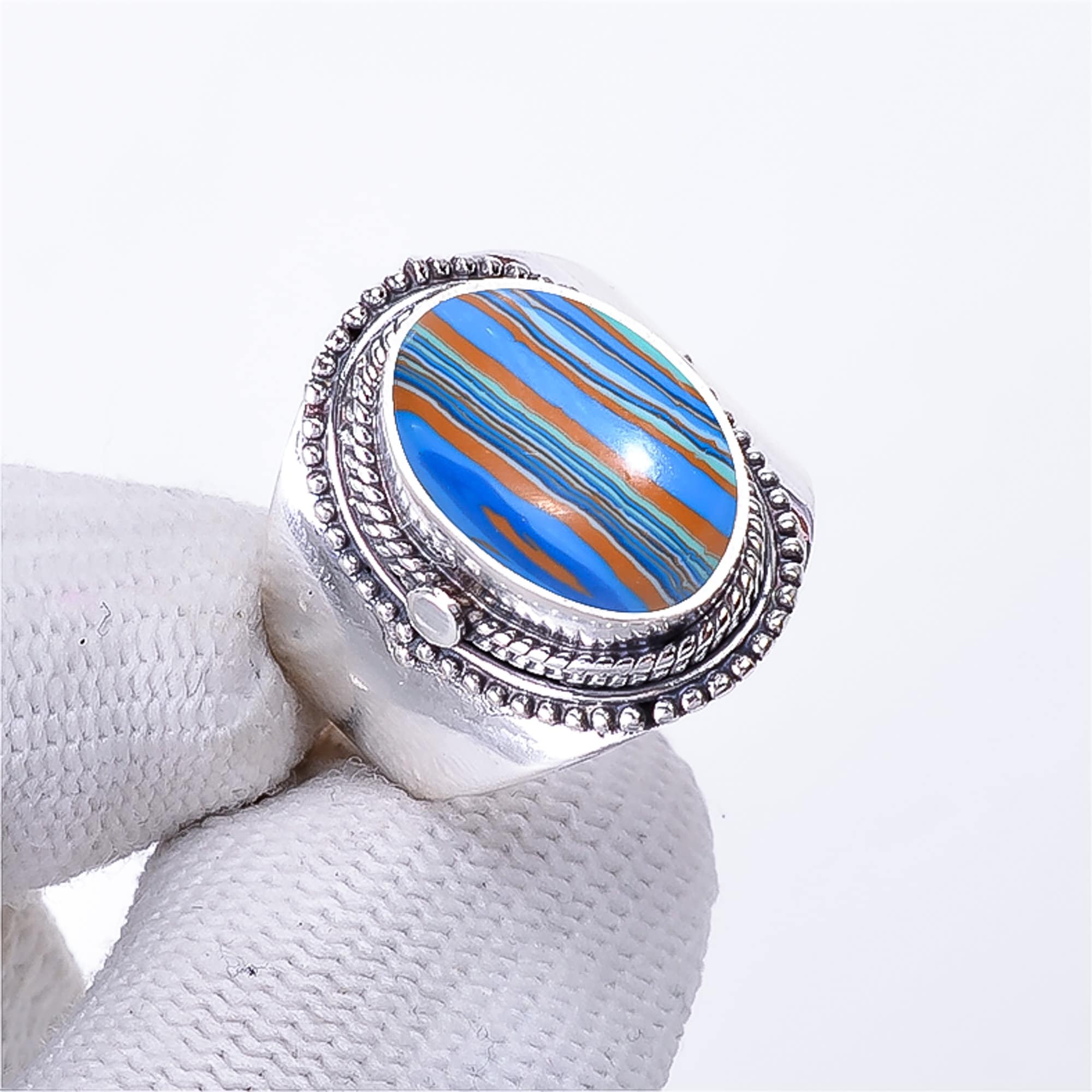 Blue Rainbow Calsilica Ring, Gemstone Ring, Oval Shape Ring, 925 Sterling Silver Ring, Women Ring, Handmade Ring, Gift For Adjustable Ring