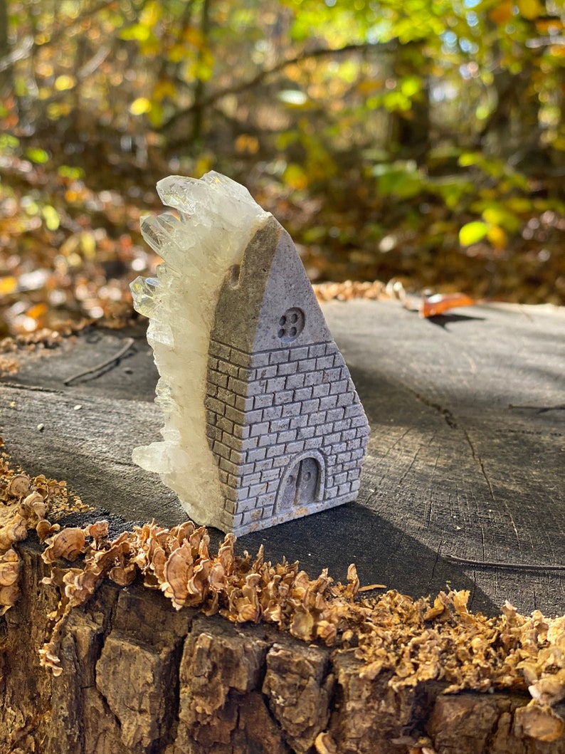 Quartz Crystal Fairy House, Faerie House, Quartz Cluster House Carving, Fairy Garden, Faerie