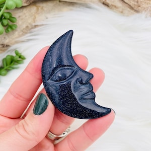 Blue Sandstone Moon, Crescent Moon Face, Sparkly, Blue Crystal Moon Carving