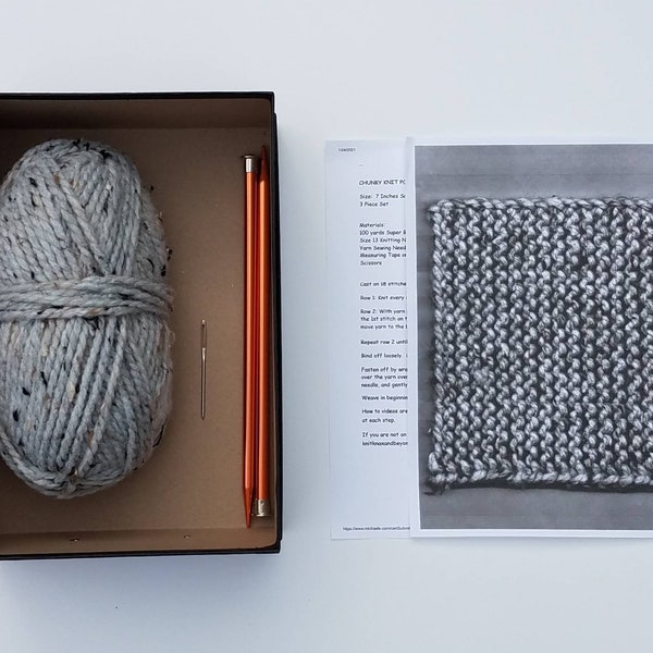 Gray Marble Beginner Knit Kit, Easy Potholder Knit Box, New Knitter Project, Starter Chunky Knit Idea, DIY Knitted Kitchen Accessory