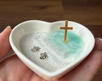 Turtle & Gold Cross Ring Dish : Custom Personalized Catholic Christian Wedding Gift Jewelry Holder