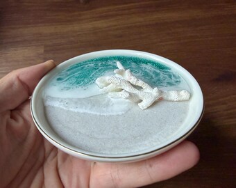 Real Coral Ring Dish, Ocean Wave Jewelry Holder, Heart Shaped Beach Wedding Gift