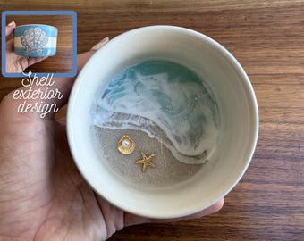 Custom Pearl Beach Ring Dish: Ocean Wave Ceramic Jewelry Bowl Personalized Wedding Engagement Gift