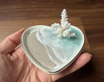 Real Coral Ring Dish, Ocean Wave Jewelry Holder, Heart Shaped Beach Wedding Gift