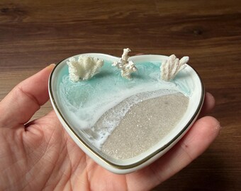 Real Coral Ring Dish, Ocean Wave Jewelry Holder, Heart Shaped Beach Wedding Gift