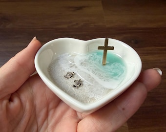 Turtle & Bronze Cross Ring Dish : Custom Personalized Catholic Christian Wedding Gift Jewelry Holder