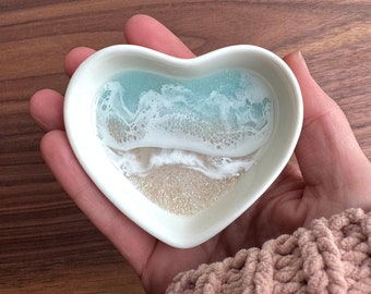 Beach Ceramic Heart Ring Dish, Ocean Sand Jewelry Holder