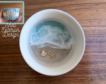 Custom Pearl Beach Ring Dish: Ocean Wave Ceramic Jewelry Bowl Personalized Wedding Engagement Gift
