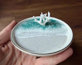 Real Coral Ring Dish, Ocean Wave Jewelry Holder, Heart Shaped Beach Wedding Gift