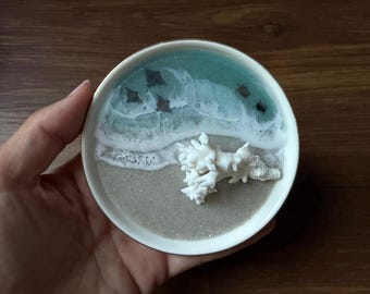 Real Coral Ring Dish with Manta Rays and Turtles, Jewelry Holder,  Beach Wedding Gift