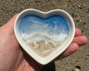 Personalized Ring Dish Custom Wedding Gift Engagement Engaged Fiancé Wife Custom Ocean Decor Blue Beach Art Ceramic Heart Dish from Realtor