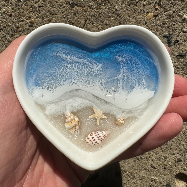 Personalized Ring Dish Custom Wedding Gift Engagement Engaged Fiancé Wife Custom Ocean Decor Blue Beach Art Ceramic Heart Dish from Realtor