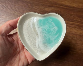 Large Personalized Heart Beach Ring Dish: Ocean Wave Ceramic Jewelry Organizer Mahjong Dice Holder