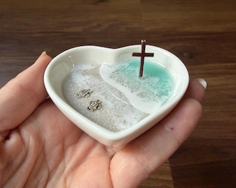 Turtle & Silver Cross Ring Dish : Custom Personalized Catholic Christian Wedding Gift Jewelry Holder