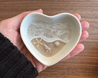 Personalized Ring Dish Custom Wedding Gift Engagement Engaged Fiancé Wife Custom Ocean Decor Clear Beach Art Ceramic Heart Dish from Realtor