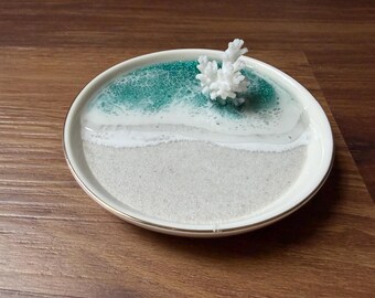 Real Coral Ring Dish, Ocean Wave Jewelry Holder, Heart Shaped Beach Wedding Gift