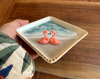 Flamingo Ring Dish: Ocean Waves, Real Sand Jewelry Holder Tray