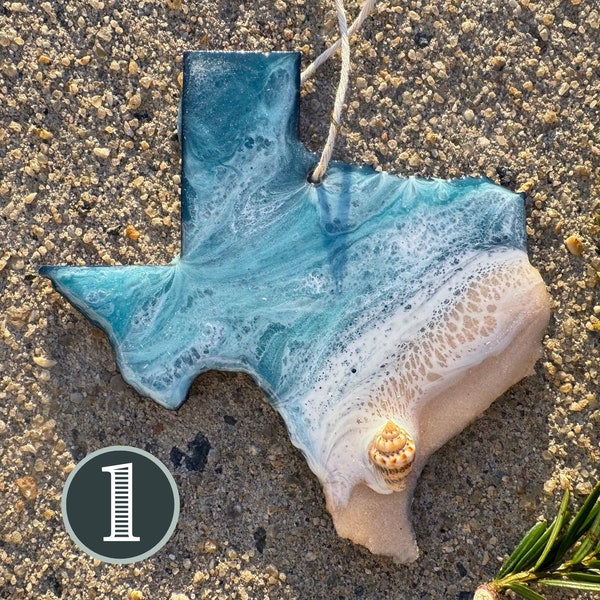 Texas Beach Ornament, TX Hanging Decor, Galveston South Padre Island Art Ocean Decoration, Beach House Gift, Personalized Resin Sand Shells
