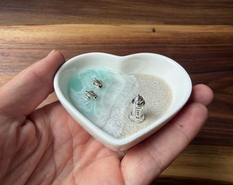 Turtle & Lighthouse Ring Dish: Ceramic Heart, Beach Decor Jewelry Mahjong Dice Holder Wedding Gift