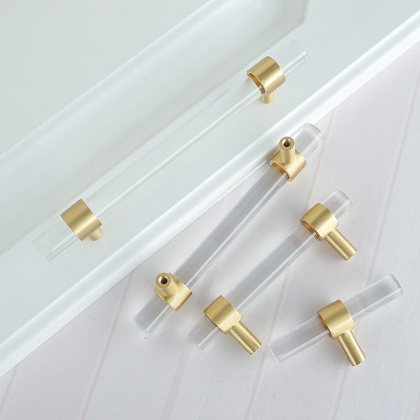 Brushed Brass  Clear Acrylic  Drawer Pulls  Customsizeable Dresser Knobs Pulls Cabinet Door Handles Crystal Pull Knobs Bathroom Handle