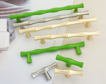 3.78 " 5.0 « Green Bamboo Cabinet Handles Knobs Gold Kitchen Hardware Brushed Nickel Drawer Pulls Dresser Knobs KitchenPulls Cupboard Handle