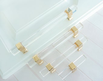 2.5"3"3.78"4"5‘6.3“7.55'8.8"10"Square Acrylic Cabinet Handles Drawer Pull Gold Clear Dresser Pulls Drawer Handles Knobs Bathroom Handle