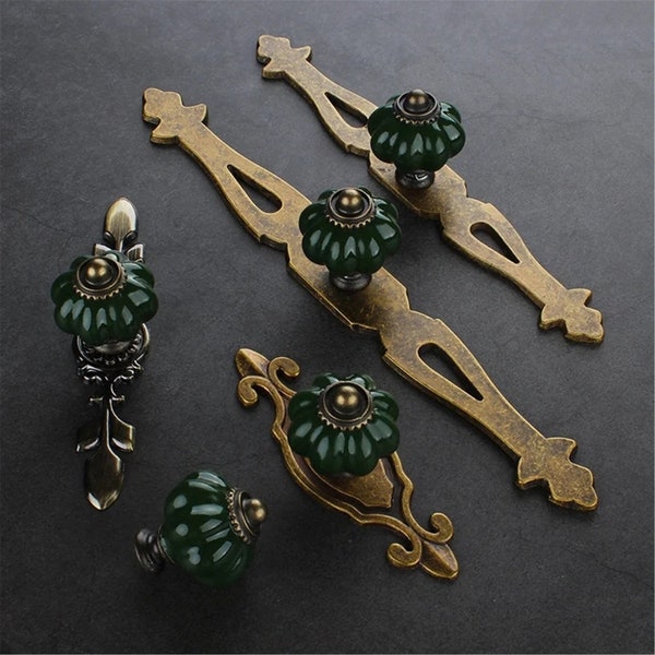 Dark green Pumpkin Ceramic Drawer Pull Knob Cabinet Handle European Style Single Hole  Modern Minimalist Ceramic Handle