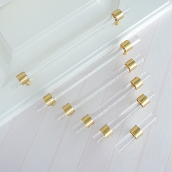 2.5"3"3.78"4"5‘6.3“7.55'8.8"10"Acrylic  Drawer Pull Brass Clear Dresser Pulls Cabinet Door Handles Crystal Pull Knobs Bathroom Handle