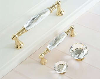 Pair of Door Handles Cabinet Puller Blue Crystal Cut Glass Brass End Decor