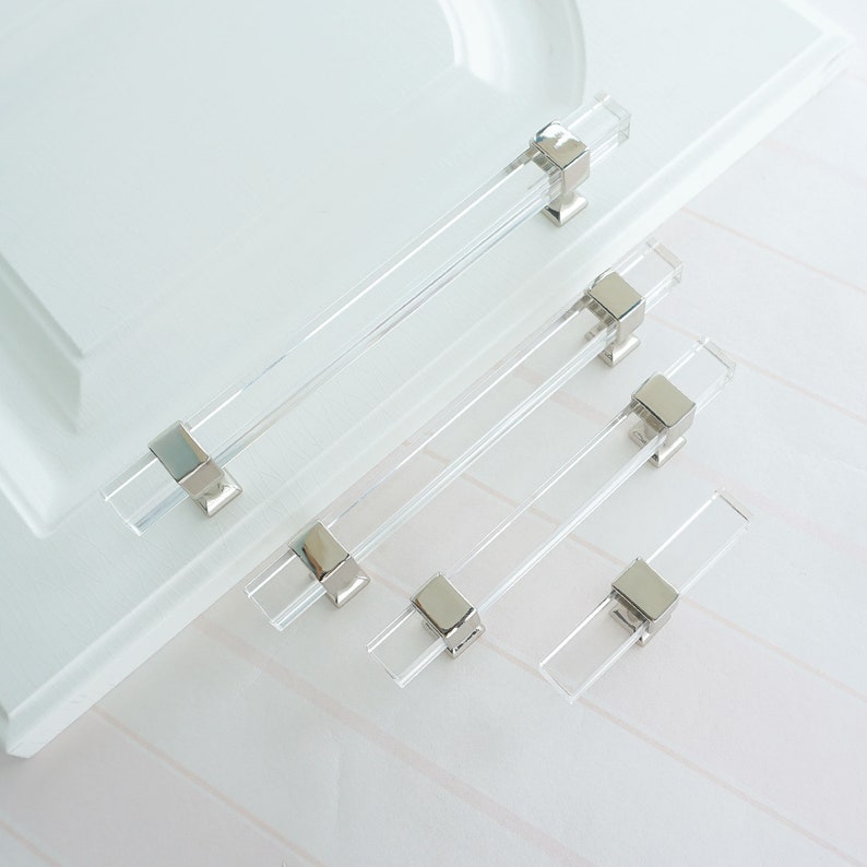 Square Acrylic Pulls Knobs Silver Clear Handles Drawer Etsy